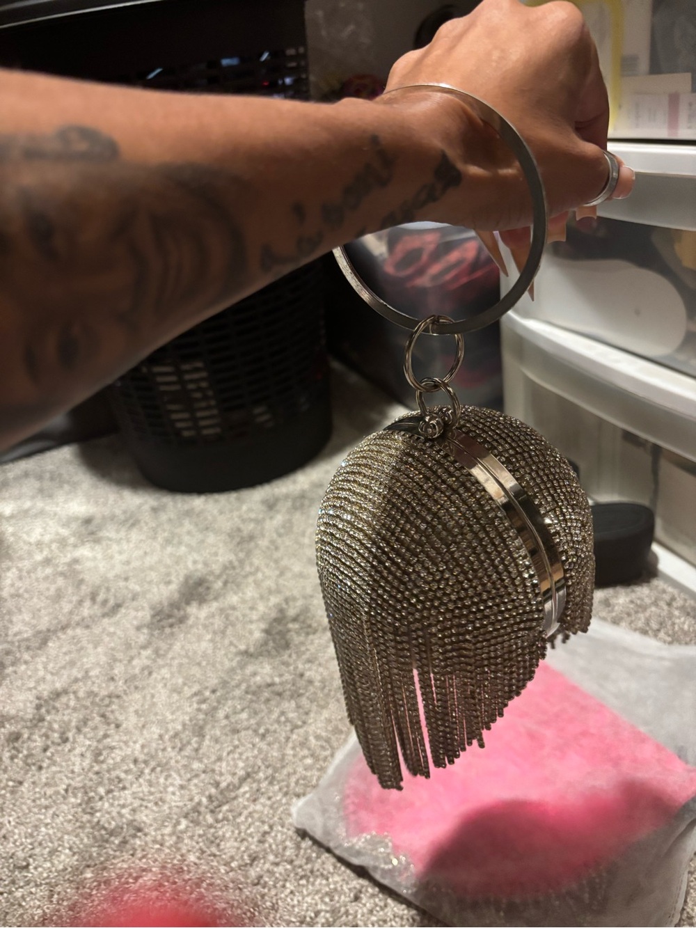 Fashion Nova Silver Rhinestone Fringe Metal Wristlet Clutch